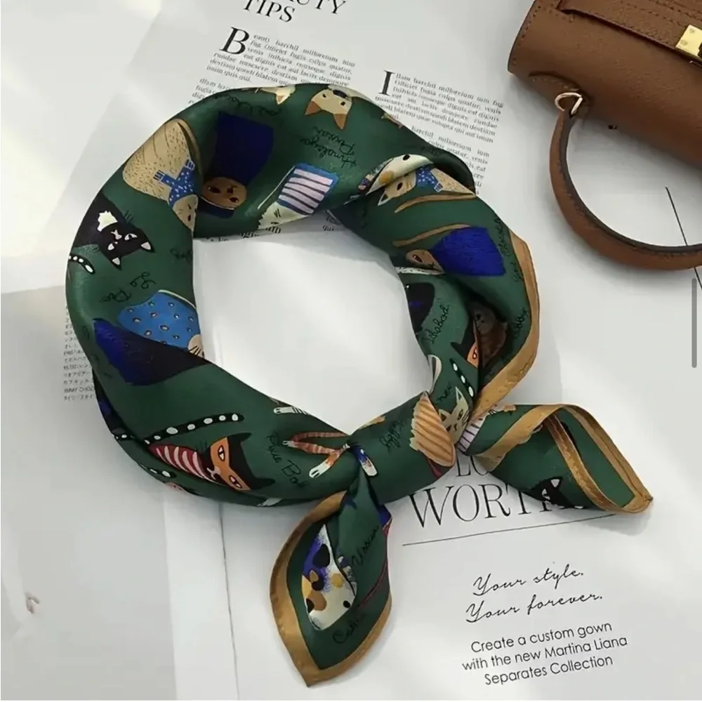 Cat Breeds Cartoon Whimsical Printed Square 27.5” Scarf, Green